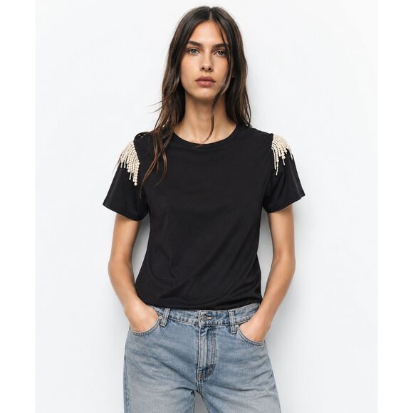 Joie Tops - Joie Faux Pearl Fringe Shoulder Tee Black NWT Boho Chic Festival Luxe Y2K Top S